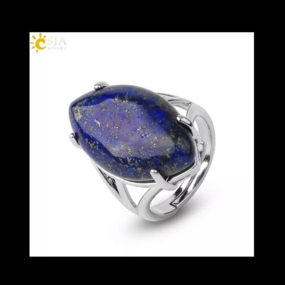Silver titanium genuine lapis Lazuli stone adjustable boho ring new - Picture 2 of 7